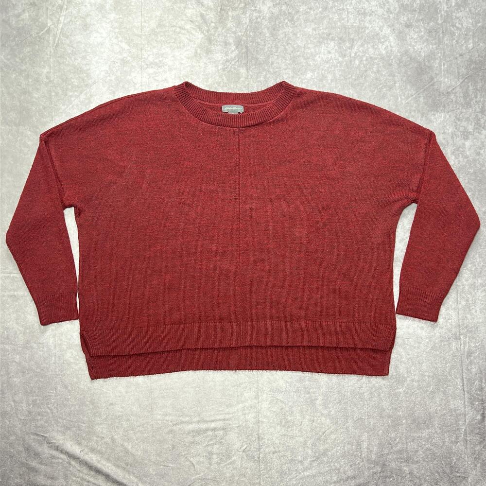 Eddie Bauer Sweater Womens Medium Cropped Red Crewneck Knit Oversized Made USA